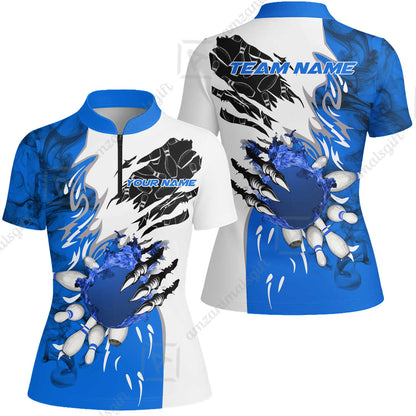 Customized Bowling Women Jersey Shirt, Bowling And Pins Plame Monster Hand Premium Multicolor Option Personalized Name And Team Zipper Polo Jerseys Shirts