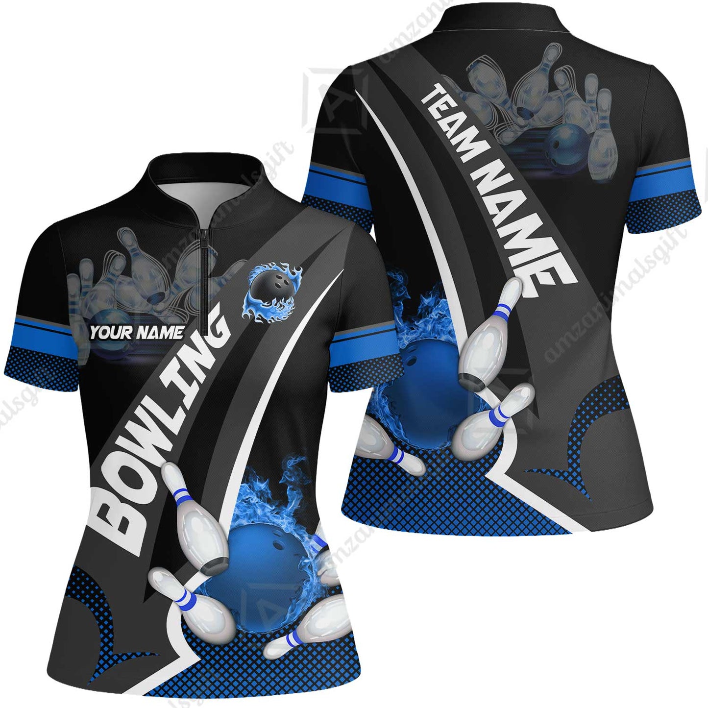 Customized Bowling Polo, Bowling And Pins Plame Premium Multicolor Option Personalized Name And Team Zipper Polo Jerseys Shirts