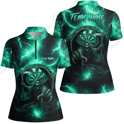 Customized Darts Women Jersey Shirt, Darts Grim Reaper Thunder Lightning Turquoise And Blue Team Jersey For Darts Player