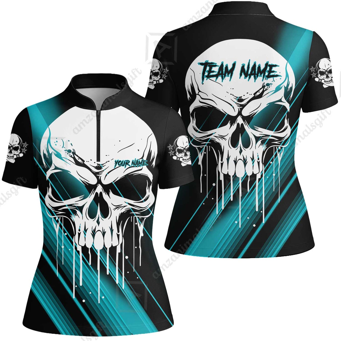 Customized Bowling Polo, Blue Skull Bowling Creepy Style Bowling jerseys Custom Name And Team Shirt