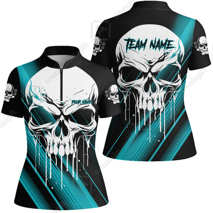 Customized Bowling Polo, Blue Skull Bowling Creepy Style Bowling jerseys Custom Name And Team Shirt