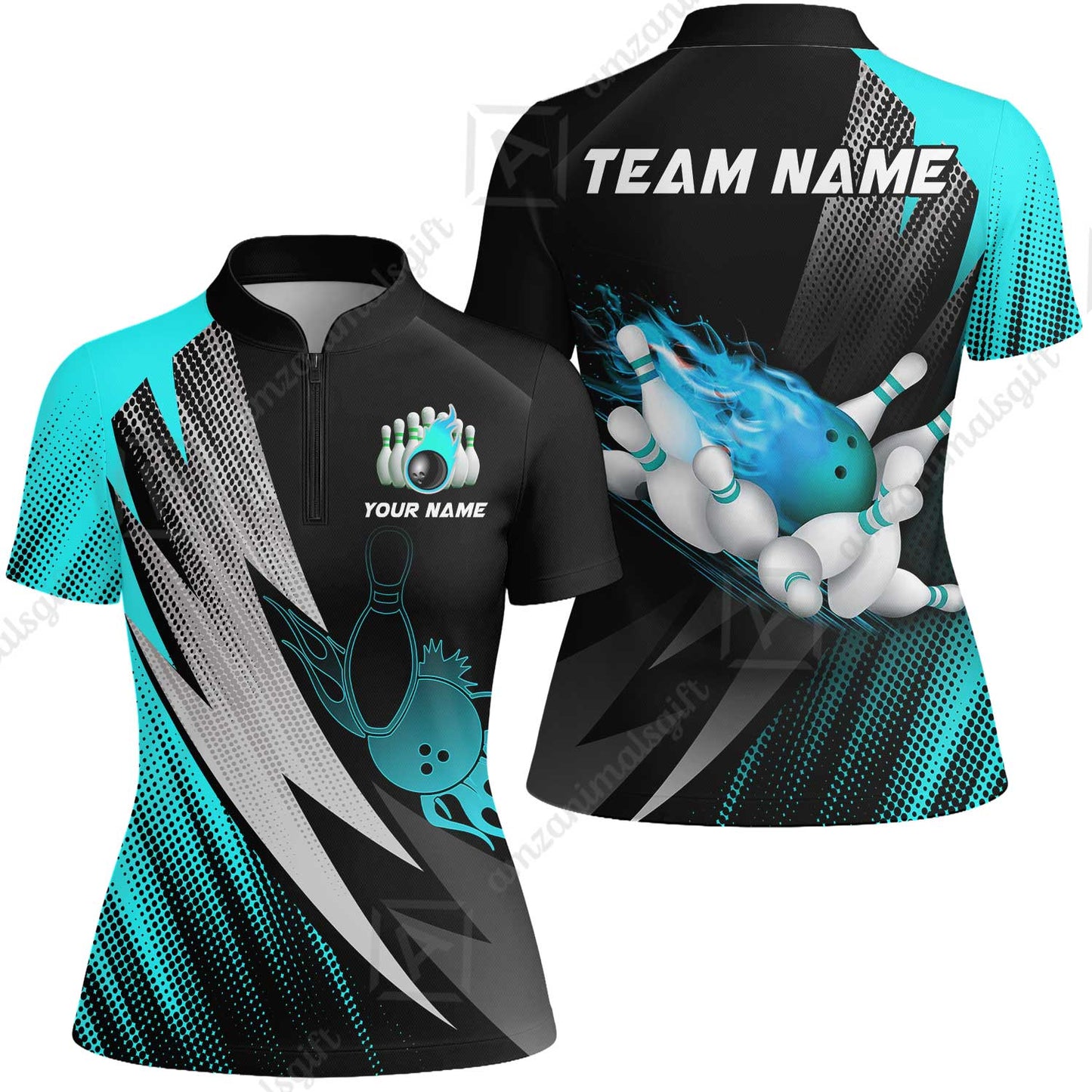 Customized Bowling Women Jersey Shirt, Bowling Ball And Pins Thunder Polka Dot Motifs Multicolor Option Customized Name And Team Polo Shirts