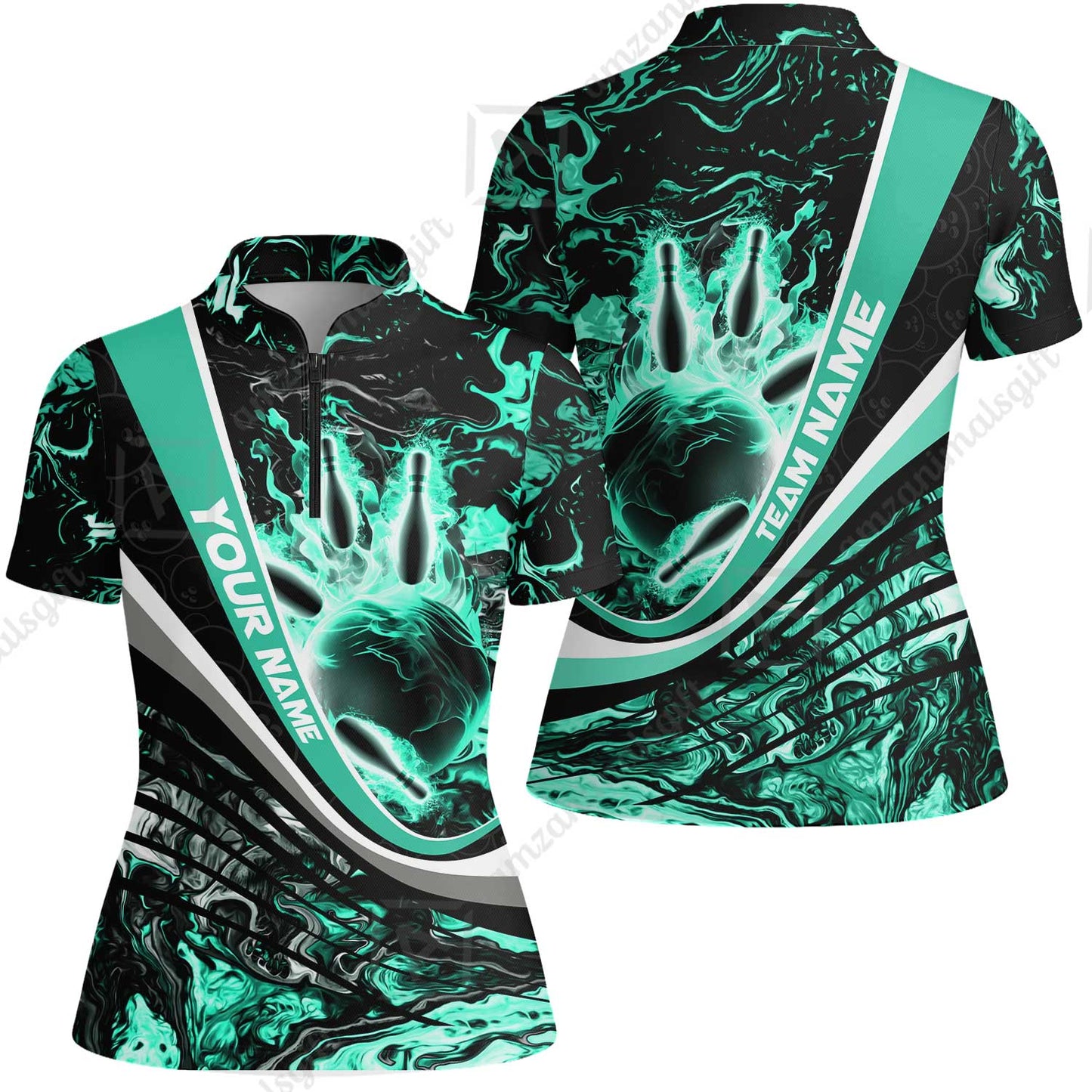 Customized Bowling Polo, Flaming Magma Bowling And Pins Multicolor Option Customized Name Team Name For Bowling Team Shirts