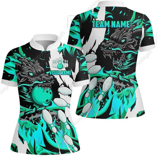 Custom Bowling Team Women Jersey Shirt, Bowling uniforms Ball & Pins Dragon Flame Pattern Personalized Name And Team Name