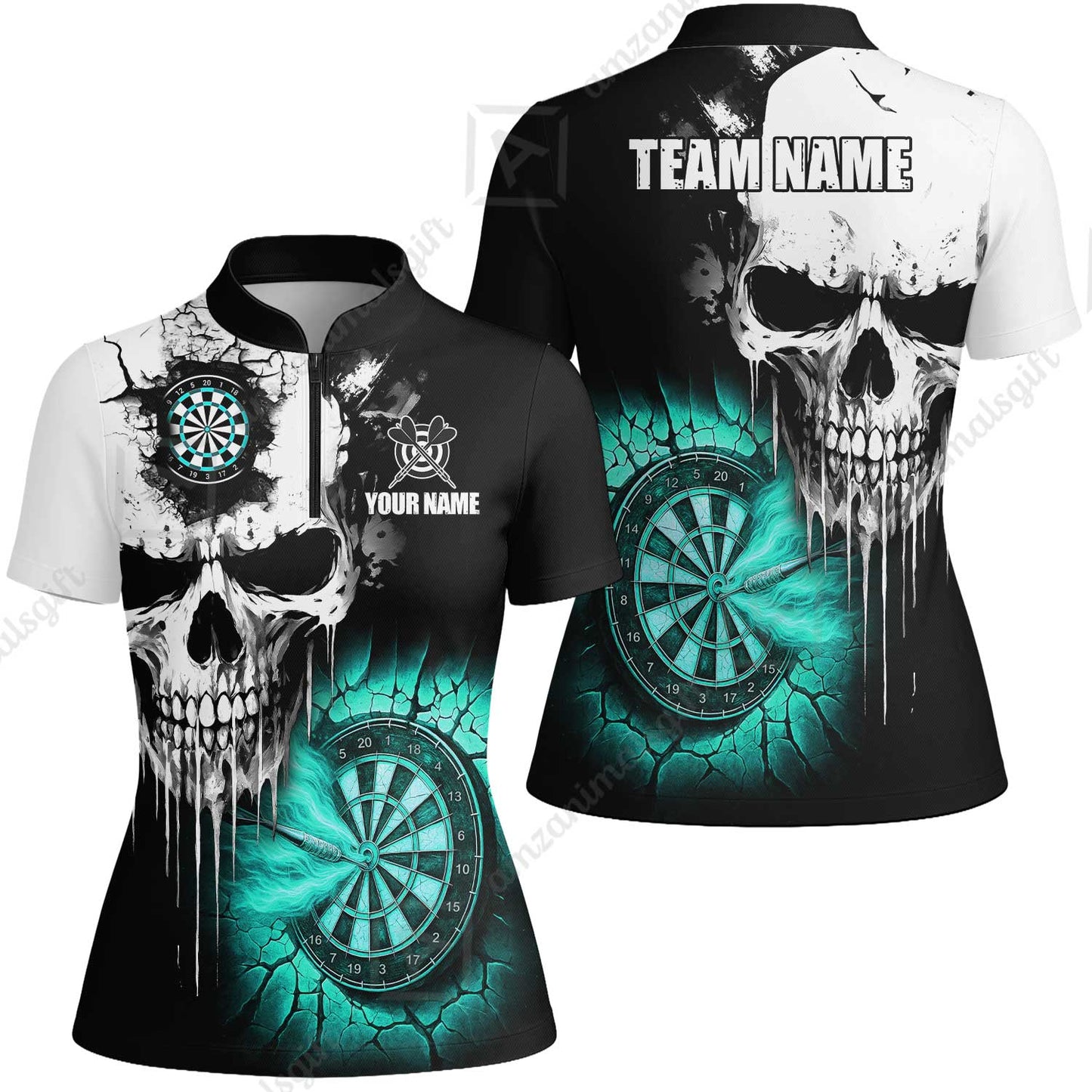 Custom Grunge Skull Crack Wall Darts Team Women Jersey Shirt, Customized Name Team Name Darts Polo Team Jerseys Uniform