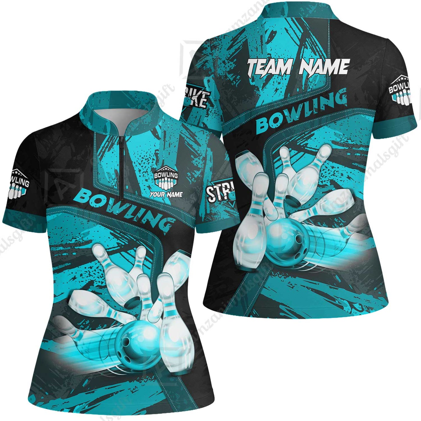 Custom Bowling Team Quater-Zip Polo Shirts, Bowling Uniforms Jerseys Brush Patterns, Multi Colors Personalized Name And Team Name