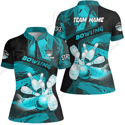 Custom Bowling Team Quater-Zip Polo Shirts, Bowling Uniforms Jerseys Brush Patterns, Multi Colors Personalized Name And Team Name