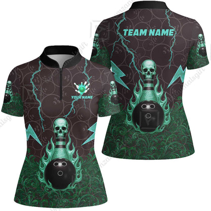 Custom Bowling Team Unisex Polo Shirt, Thunder Skull Strike Personalized Team Shirt, Custom Name and Team Name for Bowlers