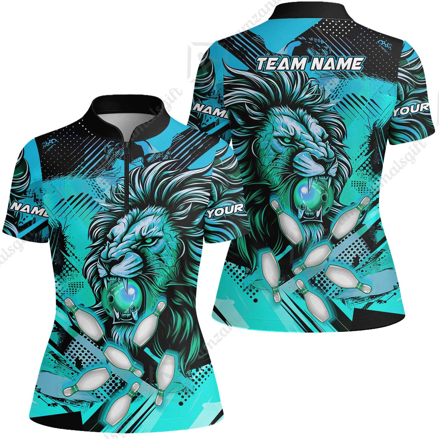Custom Bowling Team Jerseys Shirts, Bowling uniforms Ball & Pins Lion Pattern Personalized Name And Team Name