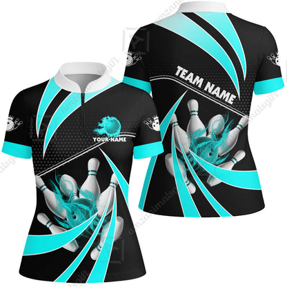 Customized Bowling Women Jersey Shirt, Bowling Ball & Pins Fire Light Sport Women Jersey Shirt Multicolor Option For Bowlers