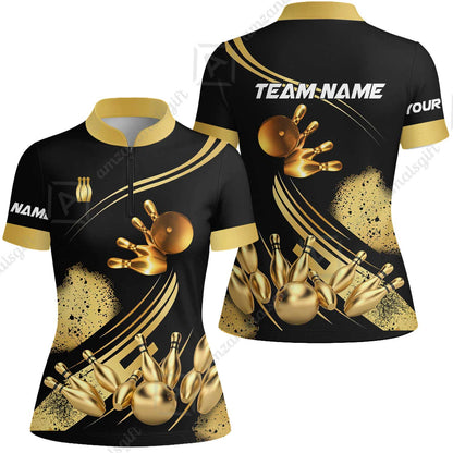 Custom Bowling Team Jerseys Polo Shirts, Bowling Uniforms Ball And Pins Ultimate Golden Multicolor Options Personalized Name And Team Name
