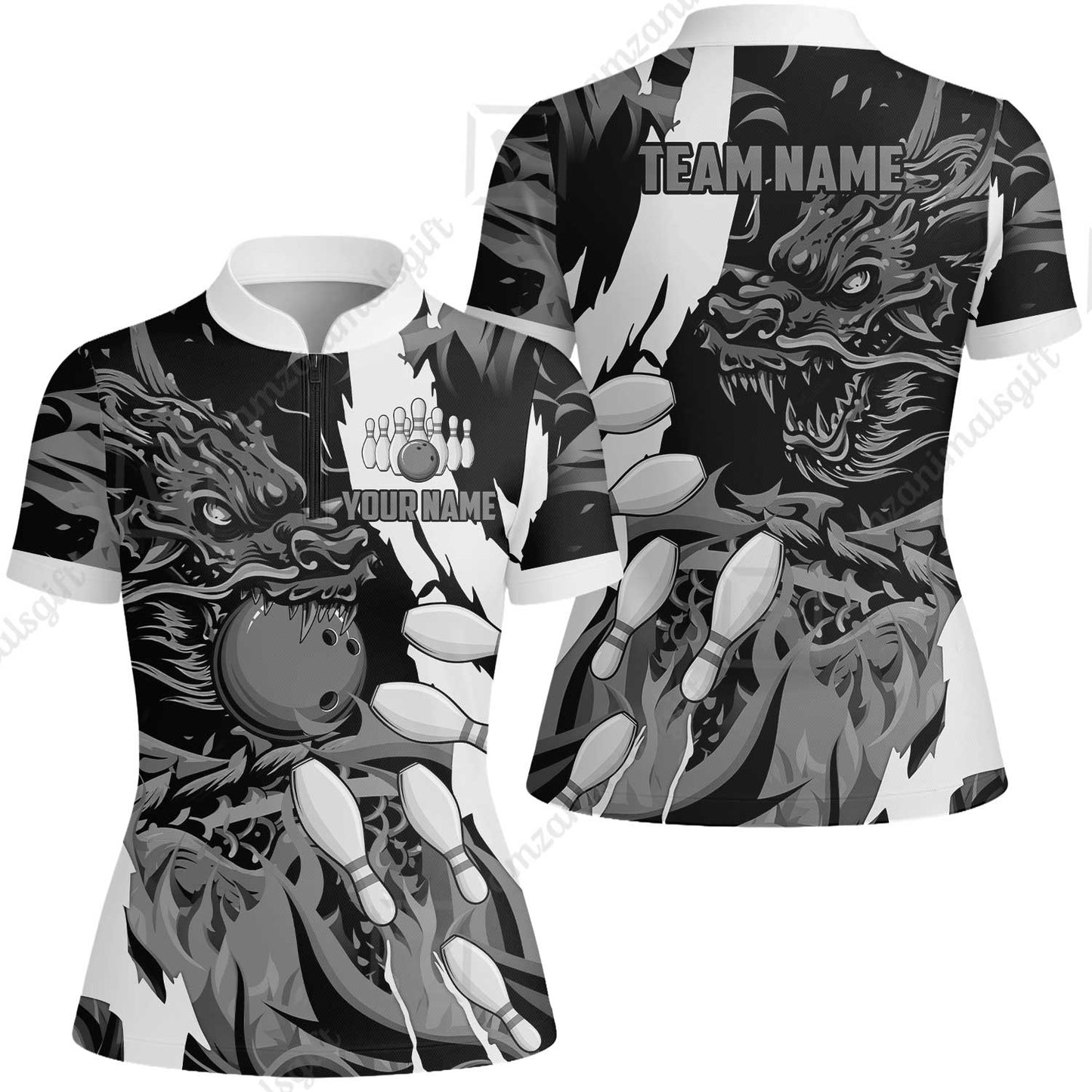 Custom Bowling Team Women Jersey Shirt, Bowling uniforms Ball & Pins Dragon Flame Pattern Personalized Name And Team Name