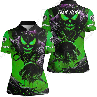 Custom Bowling Team Flat Neck Zip Jersey Shirt, Devil’s Strike Devil’s Strike Power Bowling Edition, Personalized Team Shirt with Custom Name