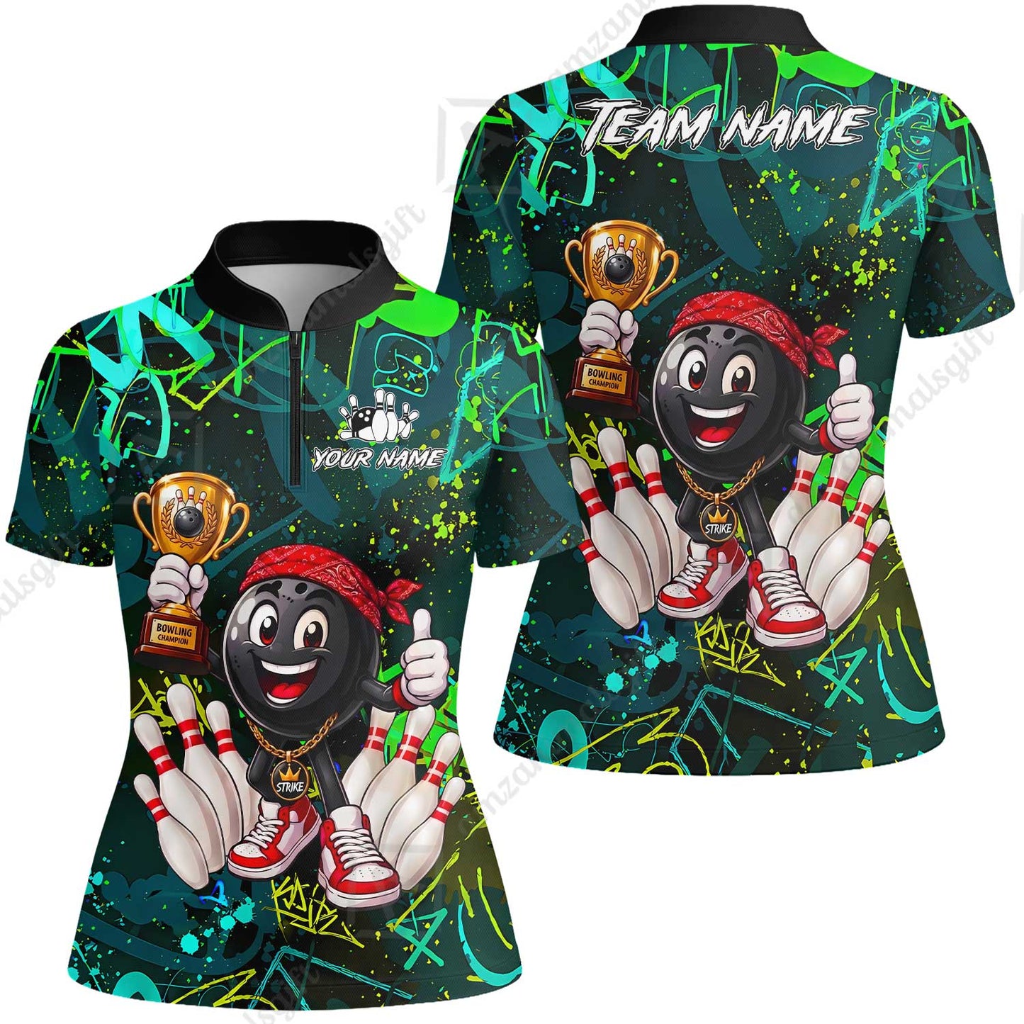 Custom Bowling Jersey Polo Shirt, Graffiti Champion, Custom Bowling Jersey Team Shirt For Players With Name & Team Name