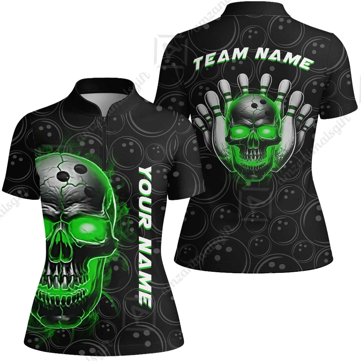 Customized Bowling Team Jersey Skull Flaming In Bowling Pattern Personalized Name Team Name Quarter-Zip Jerseys For Bowlers