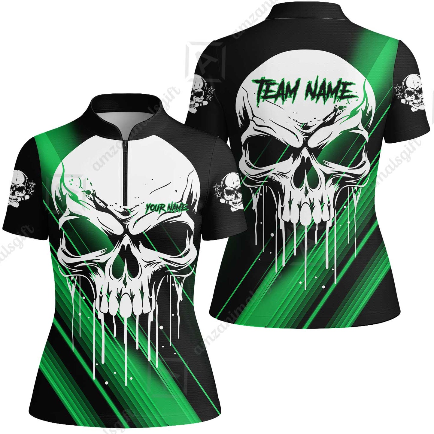 Customized Bowling Polo, Blue Skull Bowling Creepy Style Bowling jerseys Custom Name And Team Shirt