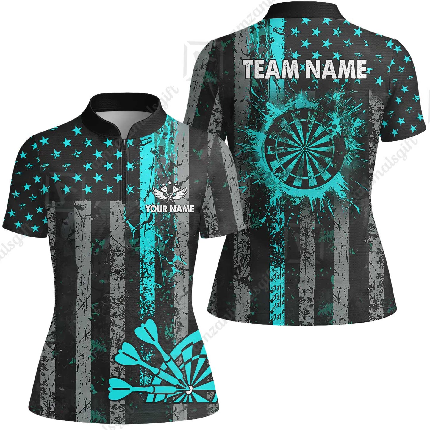 Customized Darts Women Jersey Shirt, Turquoise Grunge US Flag Patriotic Darts Women Jersey Shirt Jersey for Darts Players