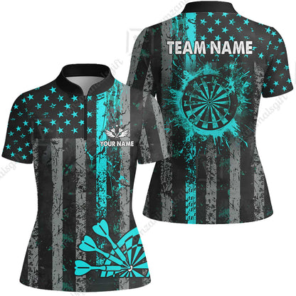 Customized Darts Women Jersey Shirt, Turquoise Grunge US Flag Patriotic Darts Women Jersey Shirt Jersey for Darts Players