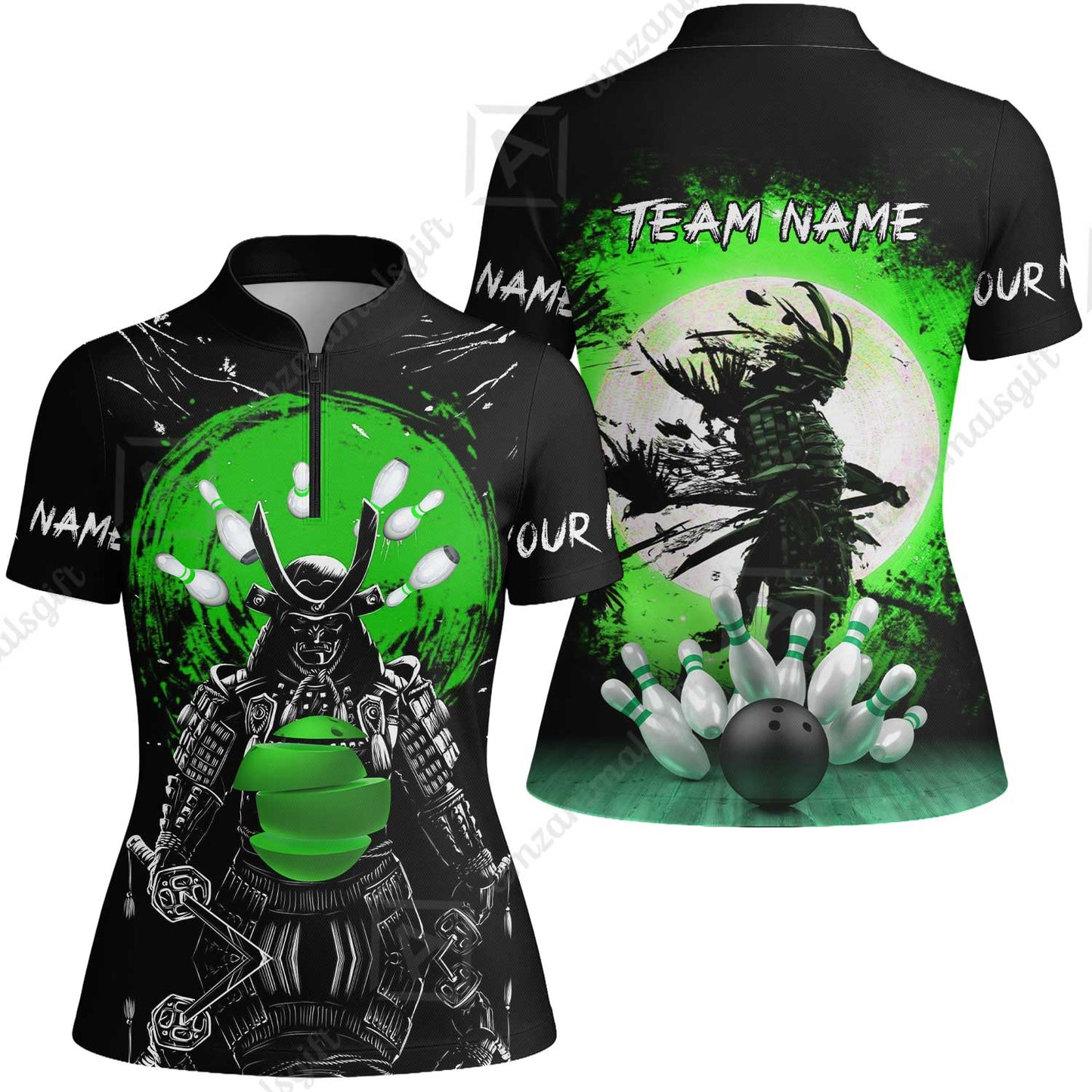 Custom Bowling Team Jerseys Polo Shirts, Bowling uniforms Ball And Pins Samurai Multicolor Options Personalized Name And Team Name