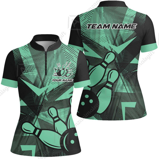 Customized Bowling Women Jersey Shirt, Bowling Ball And Pins Esports Pattern Women Jersey Shirt Uniform For Bowlers