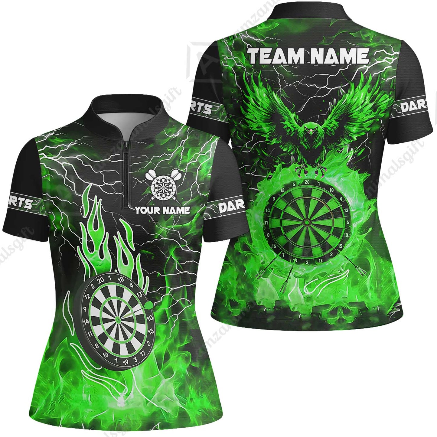 Custom Darts Team Jersey, Dartboard Fire Flame Custom Eagle Darts Jersey Polo Quarter-Zip Shirts, Custom Name And Team Name Darts Uniforms Jersey