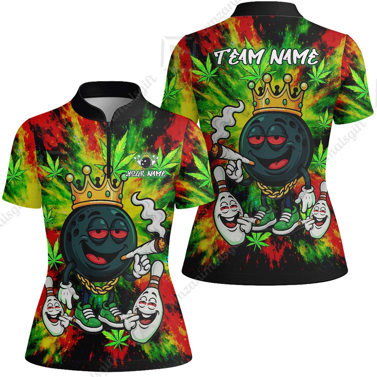 Custom Bowling Team Flat Neck Zip Jersey Shirt, King Smoke Tie-Dye Personalized Team Shirt, Custom Name and Team Name for Bowlers