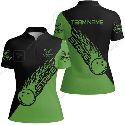 Bowling Customized Jersey Black Green Shirt Strike Ball Bowling Tenpin Quarter Zip Shirt For Bowlers, Bowling Team