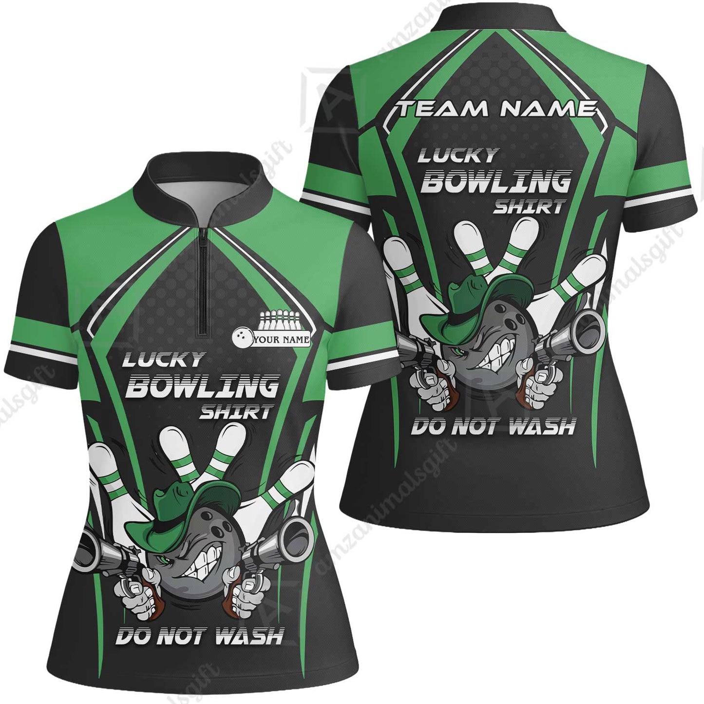 Customized Bowling Team Women Jersey Shirt, Lucky Bowling Shirt Do Not Wash Bowling Ball Aiming Guns, Personalized Name Bowling Shirt