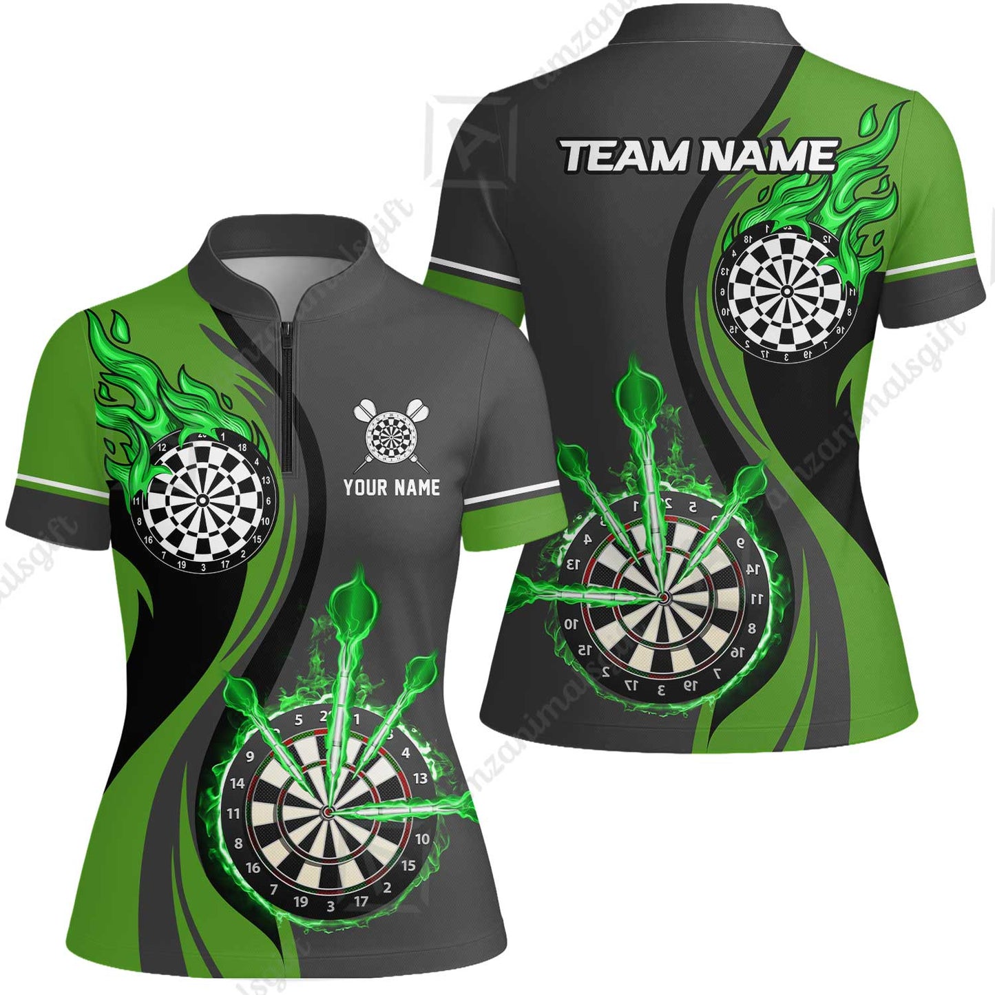 Custom Tailored Fire Flames Darts Team Jersey Polo Quarter-Zip Shirts, Customized Name Team Name Darts Team Jerseys Uniform