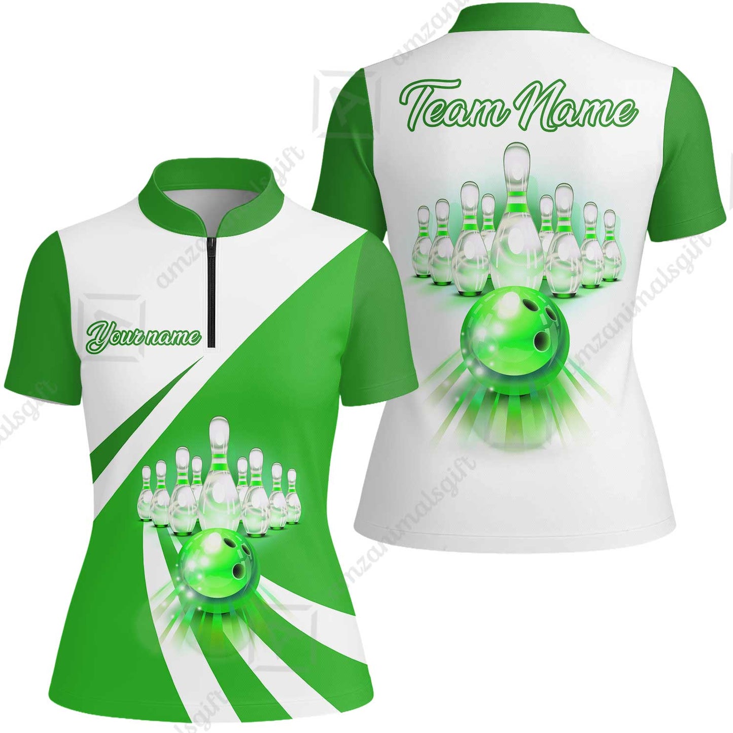 Bowling Customized Jersey White Green Shirt Rolling Bowling Tenpin Quarter Zip Shirt, Outfit For Bowlers, Bowling Team