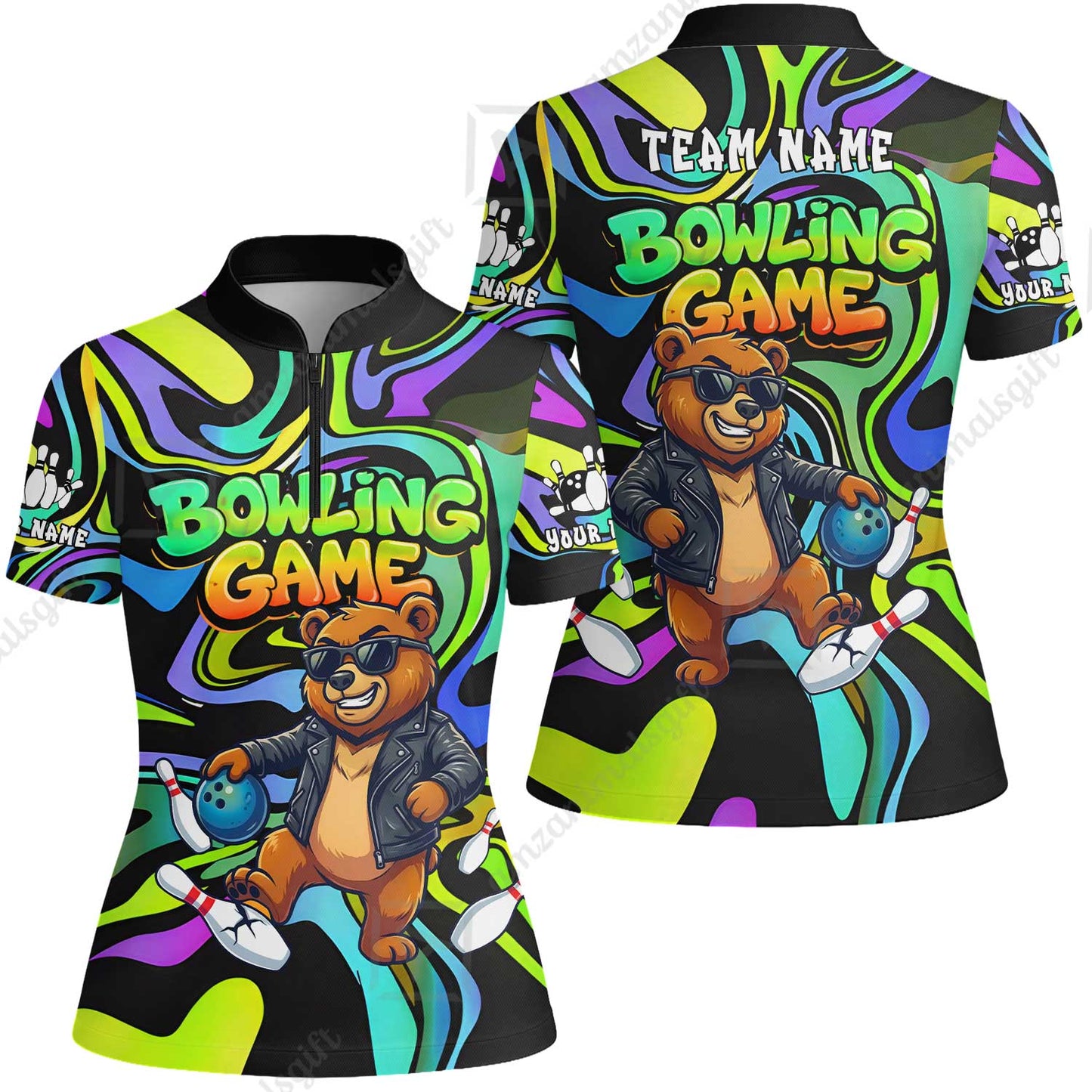 Custom Bowling Jersey Polo Shirt, Trippy Swirl Rocker Bear Graffiti Style, Custom Bowling Jersey Team Shirt For Players With Name & Team Name