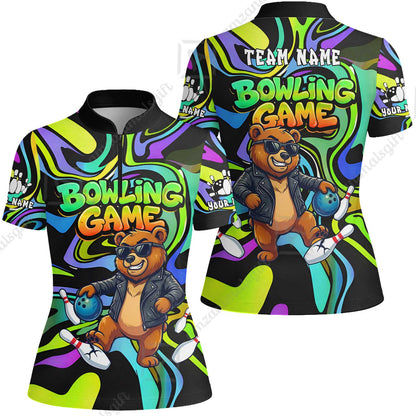 Custom Bowling Jersey Polo Shirt, Trippy Swirl Rocker Bear Graffiti Style, Custom Bowling Jersey Team Shirt For Players With Name & Team Name