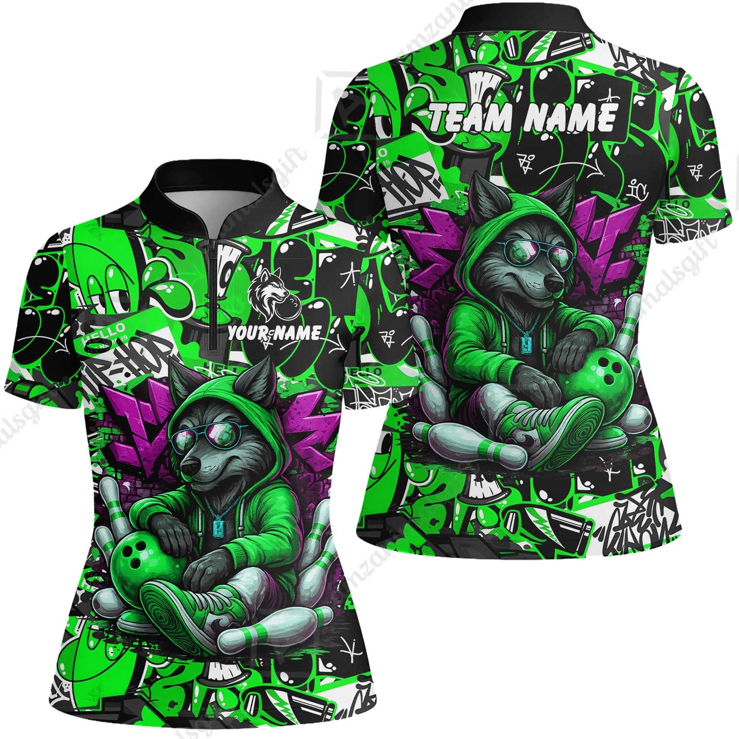Custom Bowling Jersey Polo Shirt, Badass Wolf Mascot Bowling, Custom Bowling Jersey Team Shirt For Players With Name & Team Name