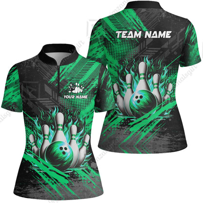 Custom Bowling Team Quarter-Zip Polo Shirt, Personalized Flame Bowling Jersey with Name & Team Name for Men & Women