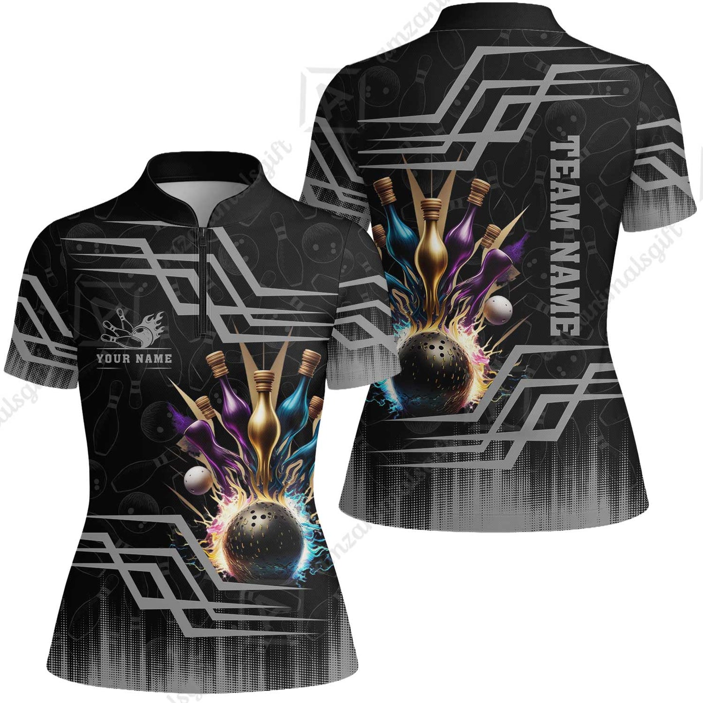 Customized Bowling Unisex Polo, Bowling And Pins Royal Multicolor Option Customized Name And Team Name For Bowling Team