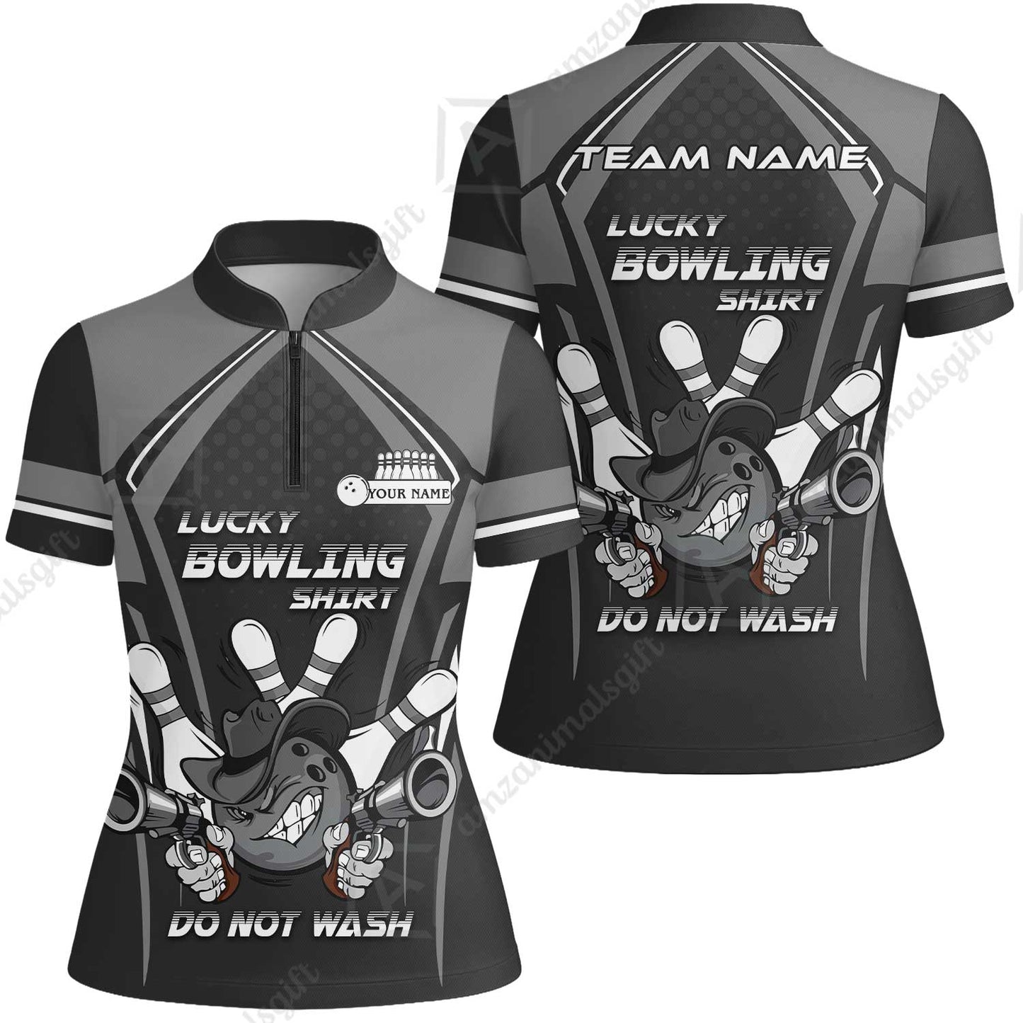 Customized Bowling Team Women Jersey Shirt, Lucky Bowling Shirt Do Not Wash Bowling Ball Aiming Guns, Personalized Name Bowling Shirt