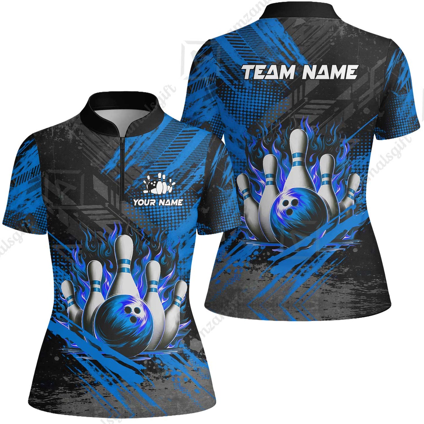 Custom Bowling Team Quarter-Zip Polo Shirt, Personalized Flame Bowling Jersey with Name & Team Name for Men & Women