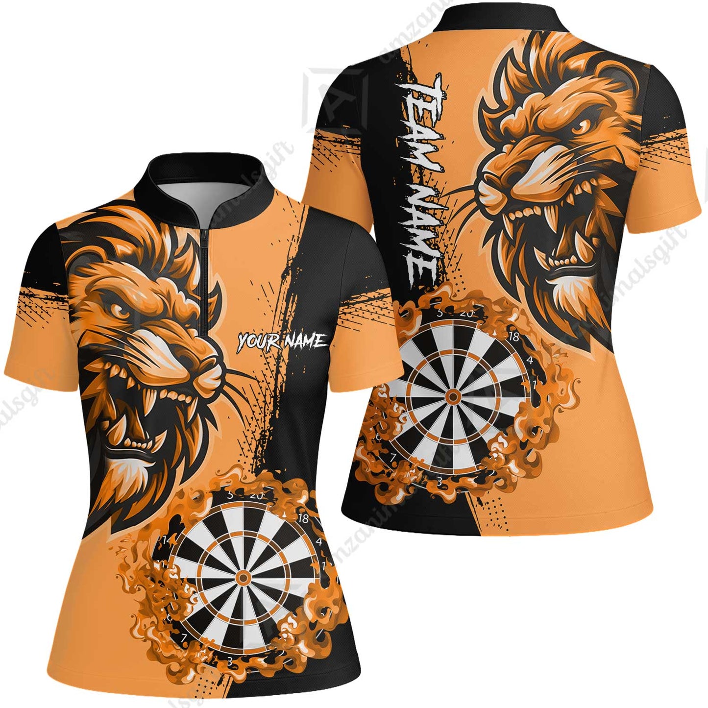 Custom Turquoise Funny Darts Team Unisex Polo Shirts, Darts uniforms Flame Lion Pattern Personalized Name And Team Name