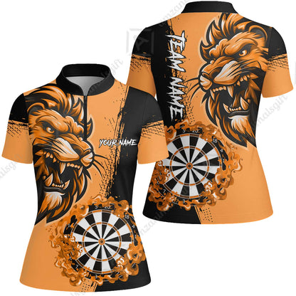 Custom Turquoise Funny Darts Team Unisex Polo Shirts, Darts uniforms Flame Lion Pattern Personalized Name And Team Name