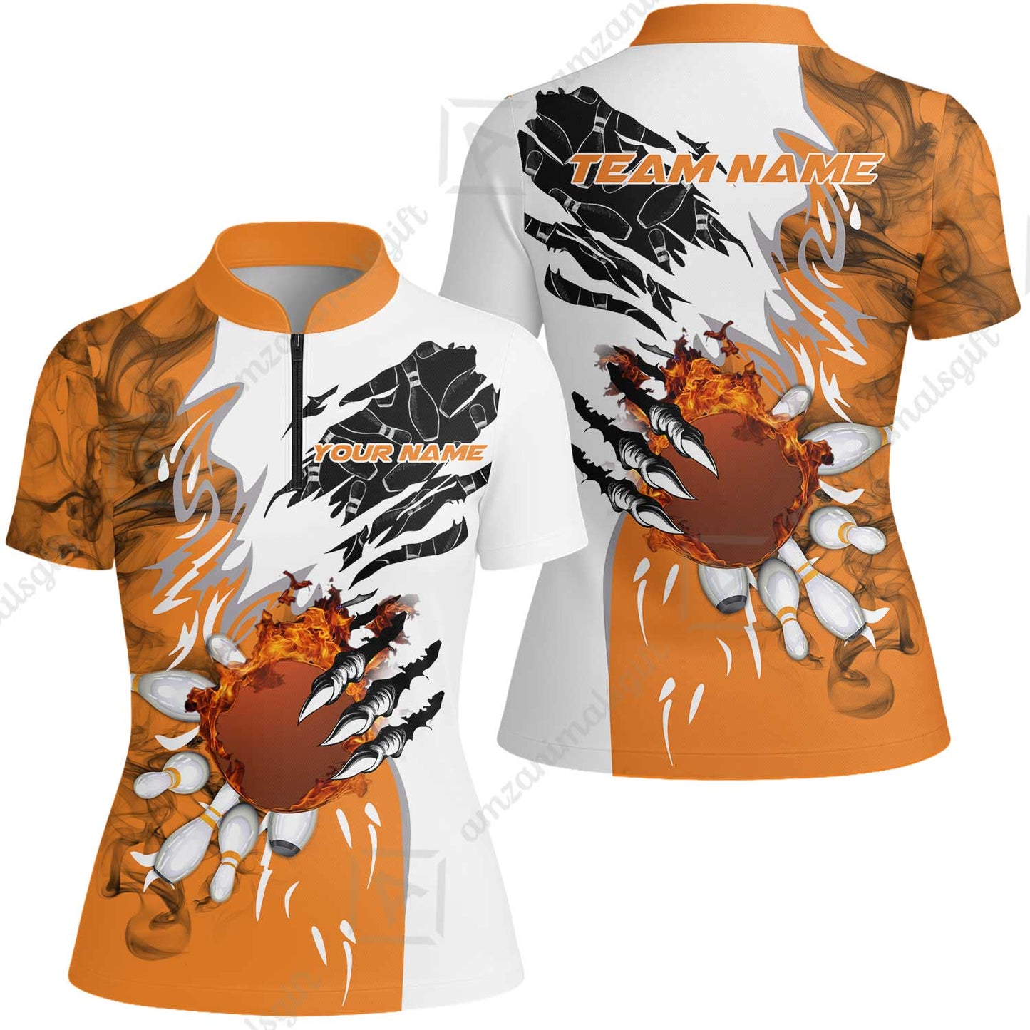 Customized Bowling Women Jersey Shirt, Bowling And Pins Plame Monster Hand Premium Multicolor Option Personalized Name And Team Zipper Polo Jerseys Shirts