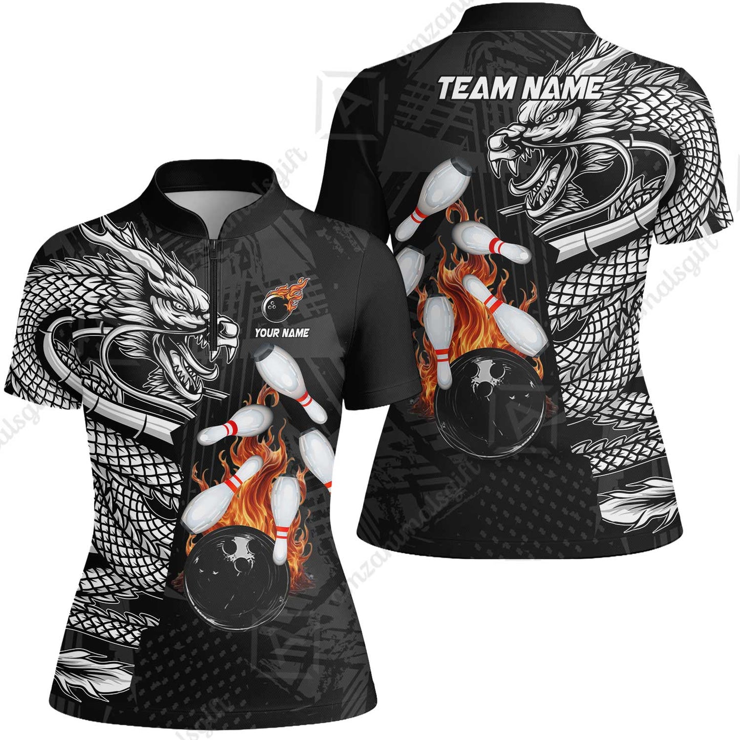Custom Bowling Team Jerseys Polo Shirts, Bowling uniforms Bowling & Pins Dragon Flame Fire Multicolor Options Personalized Name And Team Name