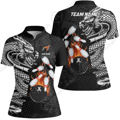 Custom Bowling Team Jerseys Polo Shirts, Bowling uniforms Bowling & Pins Dragon Flame Fire Multicolor Options Personalized Name And Team Name