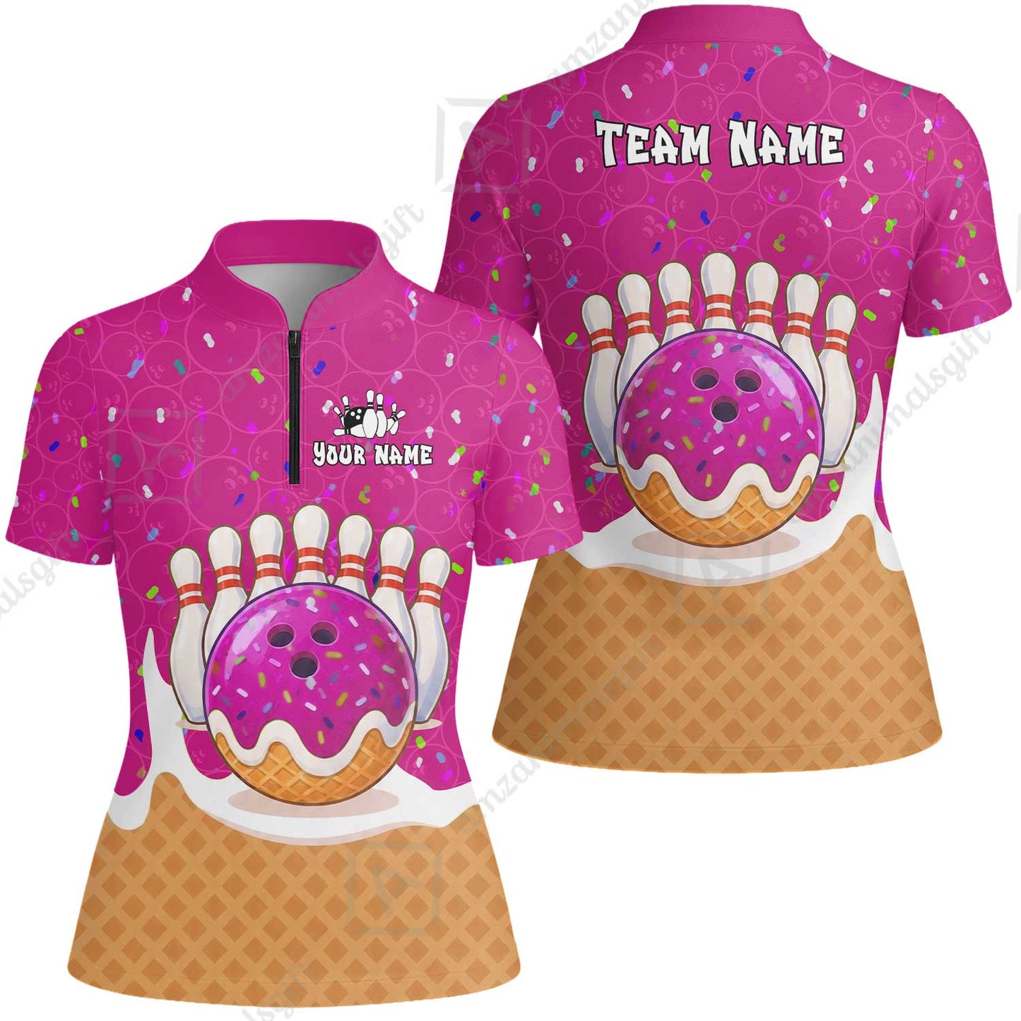 Custom Bowling Jersey Polo Shirt, Bowling Sprinkles Ice Cream Cone, Personalized Name & Team Name