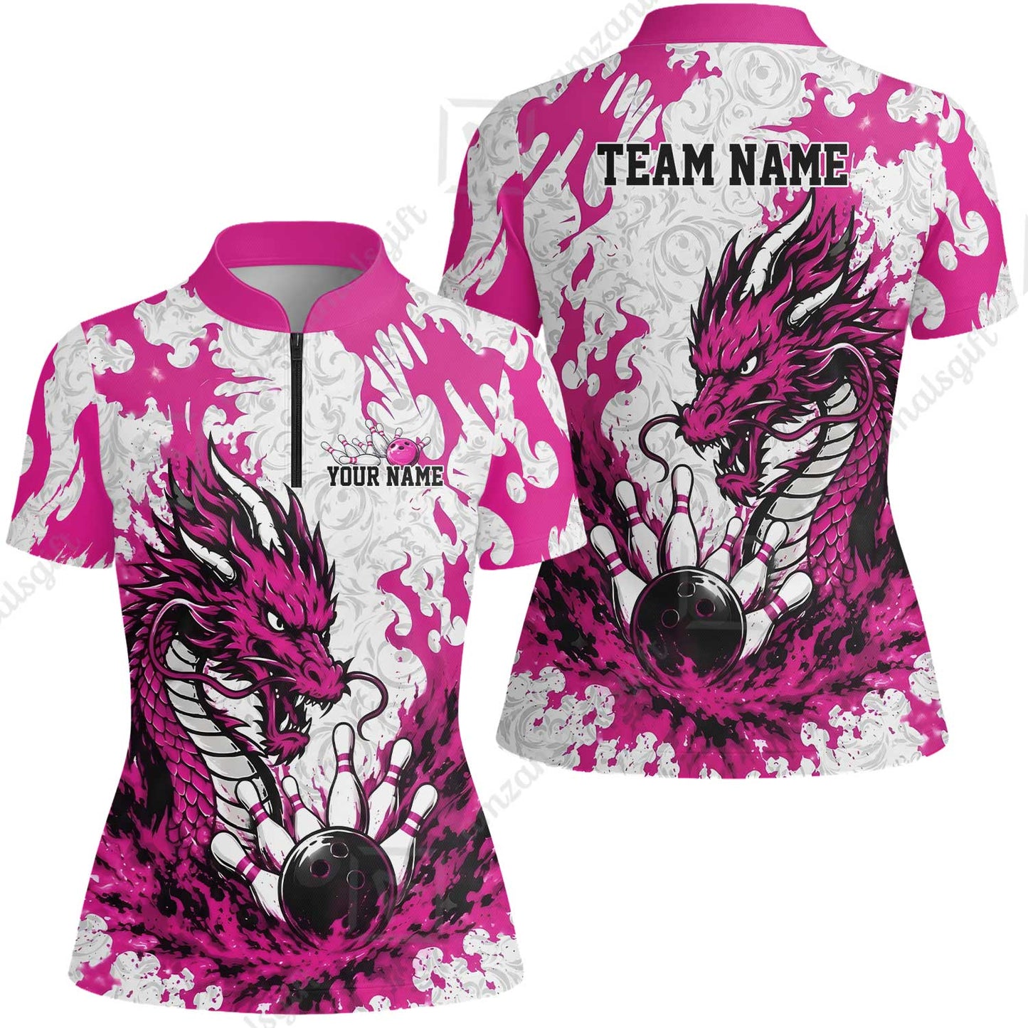 Custom Bowling Jersey Polo Shirt, Fierce Crimson Fire Dragon Strike, Custom Bowling Jersey Team Shirt For Players With Name and Team Name