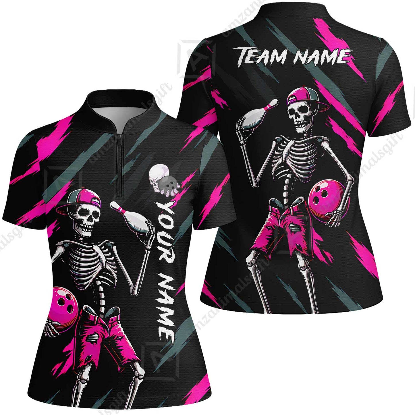 Customized Bowling Shirt, Bad Boy Skeleton Bowler, Personalized Polo Shirt For Players With Name & Team Name