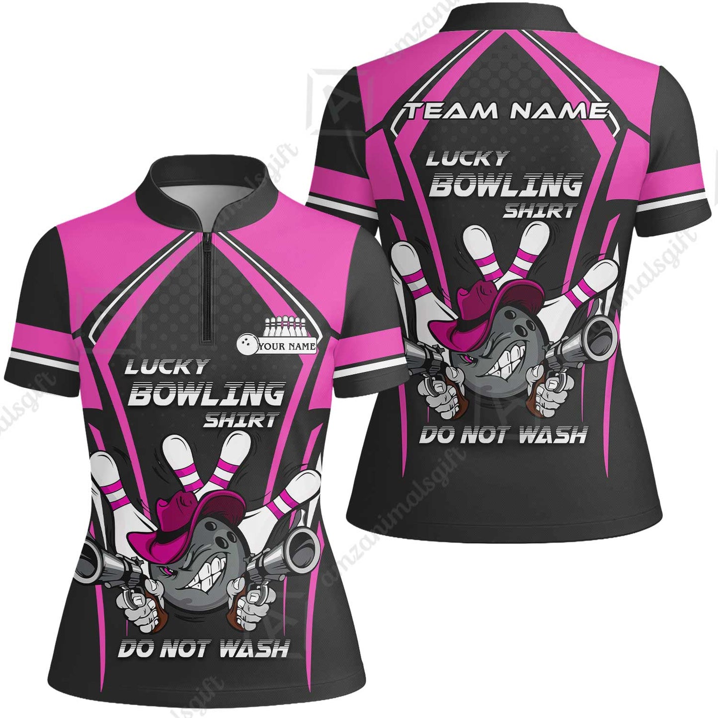 Customized Bowling Team Women Jersey Shirt, Lucky Bowling Shirt Do Not Wash Bowling Ball Aiming Guns, Personalized Name Bowling Shirt