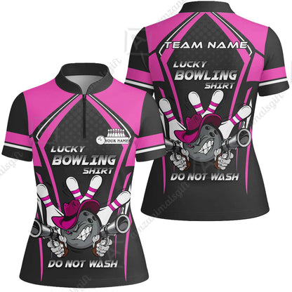 Customized Bowling Team Women Jersey Shirt, Lucky Bowling Shirt Do Not Wash Bowling Ball Aiming Guns, Personalized Name Bowling Shirt