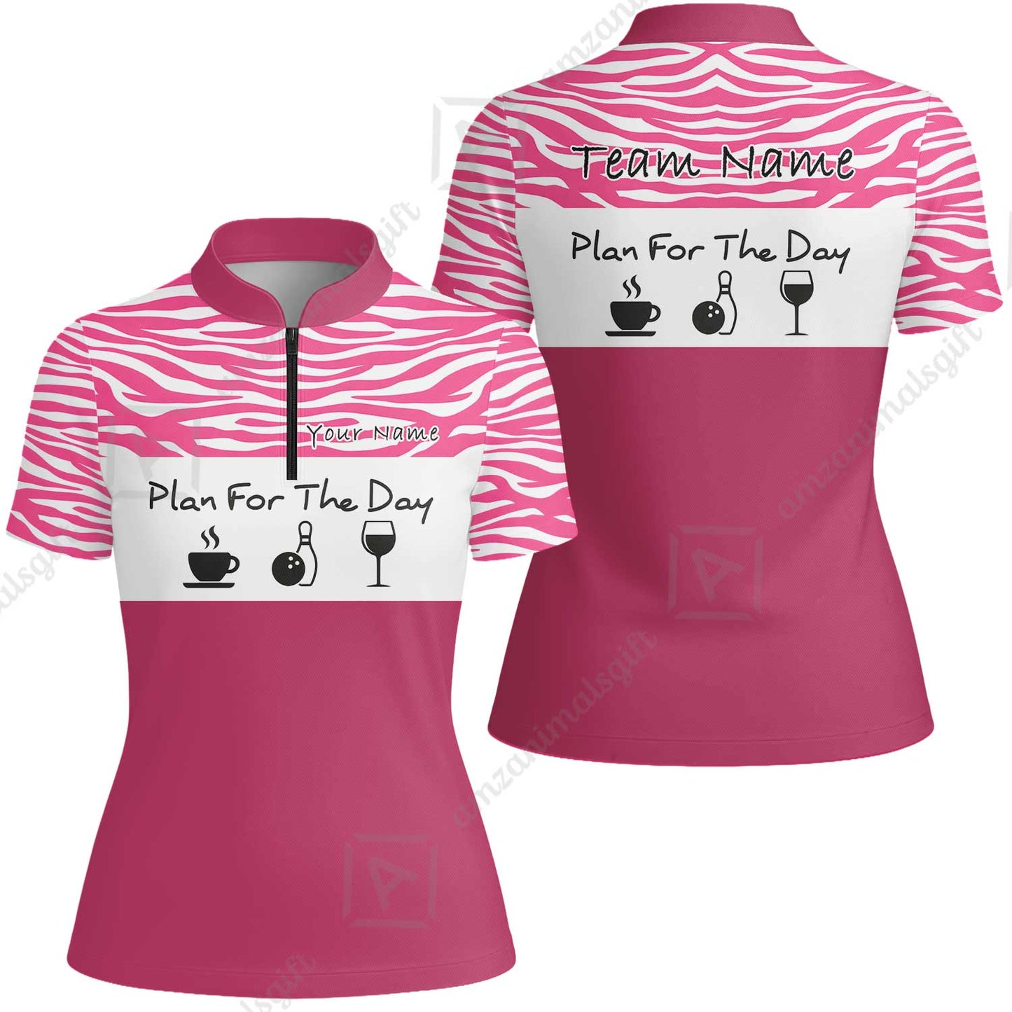 Custom Bowling Jersey Polo Shirt, Pink Zebra Pattern Bowling, Custom Bowling Jersey Team Shirt For Players With Name & Team Name