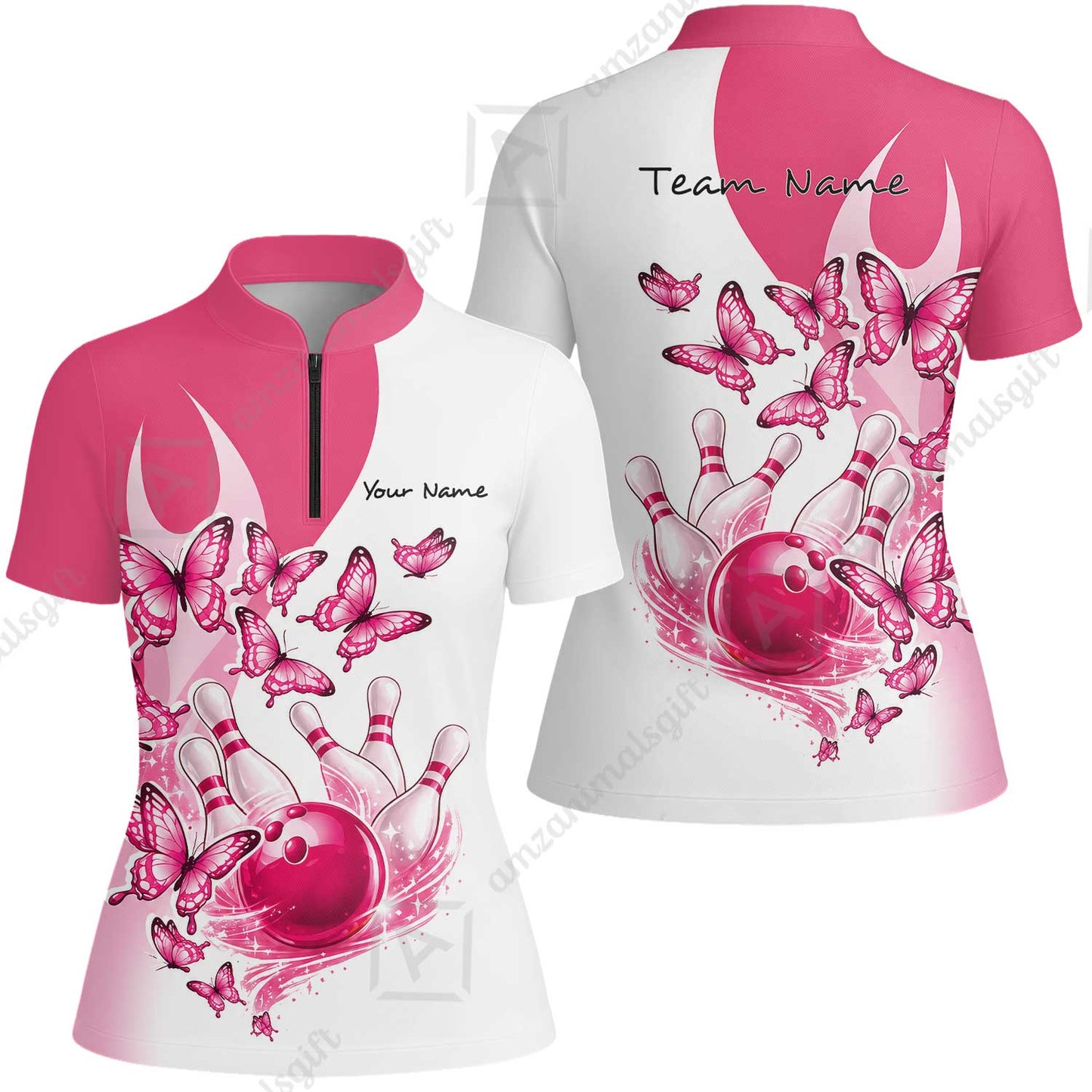 Custom Bowling Jersey Polo Shirt, Butterfly Strike, Personalized Name & Team Name