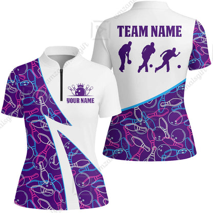 Custom Bowling Team Bowling Jersey, Neon Pattern Bowling Jersey With Player Silhouettes Multicolor Polo Quarter-Zip Shirts, Custom Bowling Uniforms Jerseys